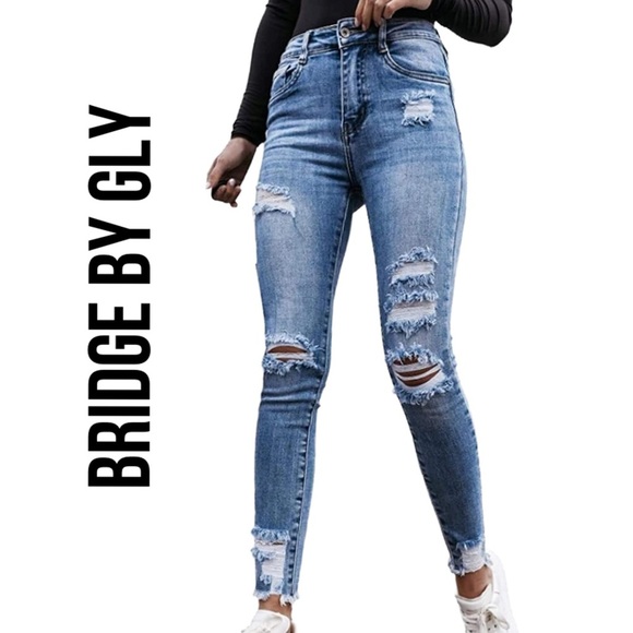 Bridge By Gly Denim - Bridge by GLY Elliott High Rise Skinny Jeans chewed hem Distressed Size 24